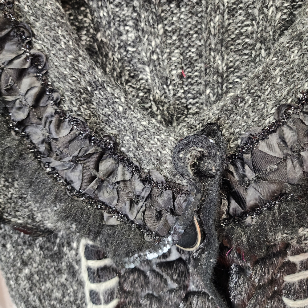 Romantic Knit Cardigan Charcoal Gray Ruffle Trim Vintage Style Button Front Size - Picture 9 of 14